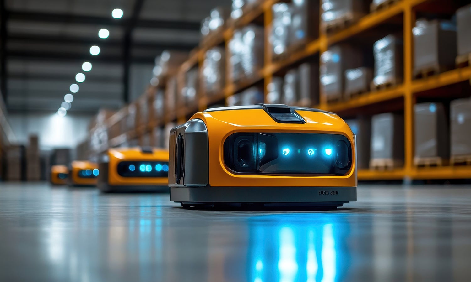 Multiple low-profile robots in a row moving down a warehouse aisle