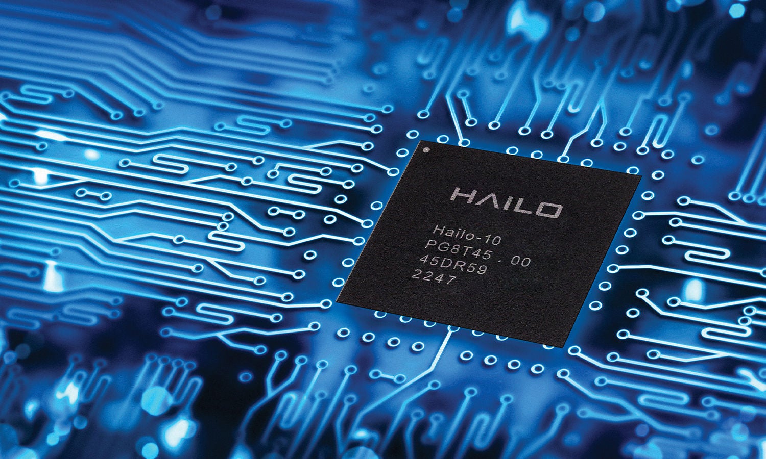 Hailo 10 chip on blue circuit board